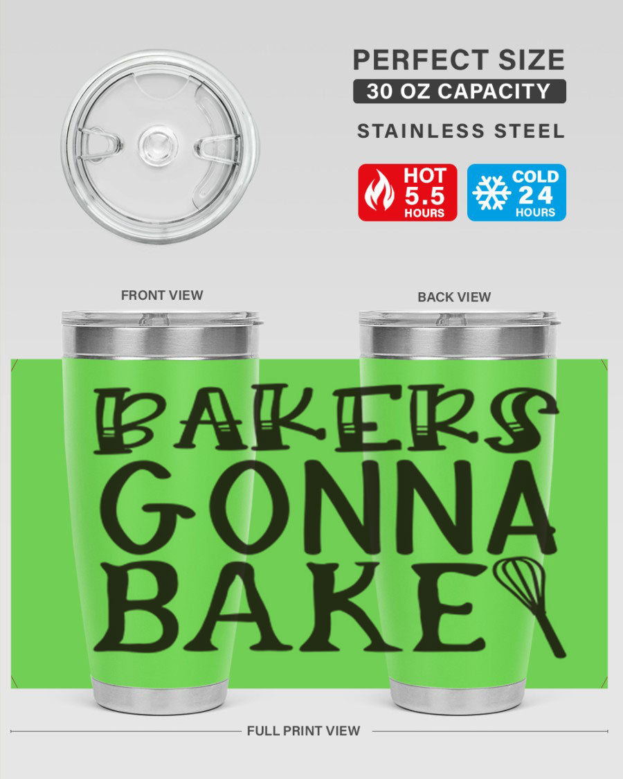Bakers Gonna Bake 57# Kitchen Tumbler in stainless steel with a vibrant design, showcasing its double wall vacuum insulation and drink-thru lid.