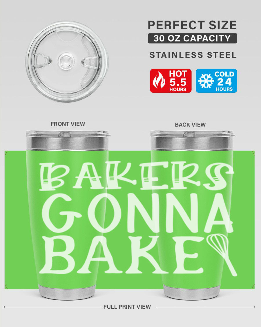Bakers Gonna Bake 20oz Tumbler featuring double wall vacuum stainless steel with copper lining, perfect for hot and cold beverages.