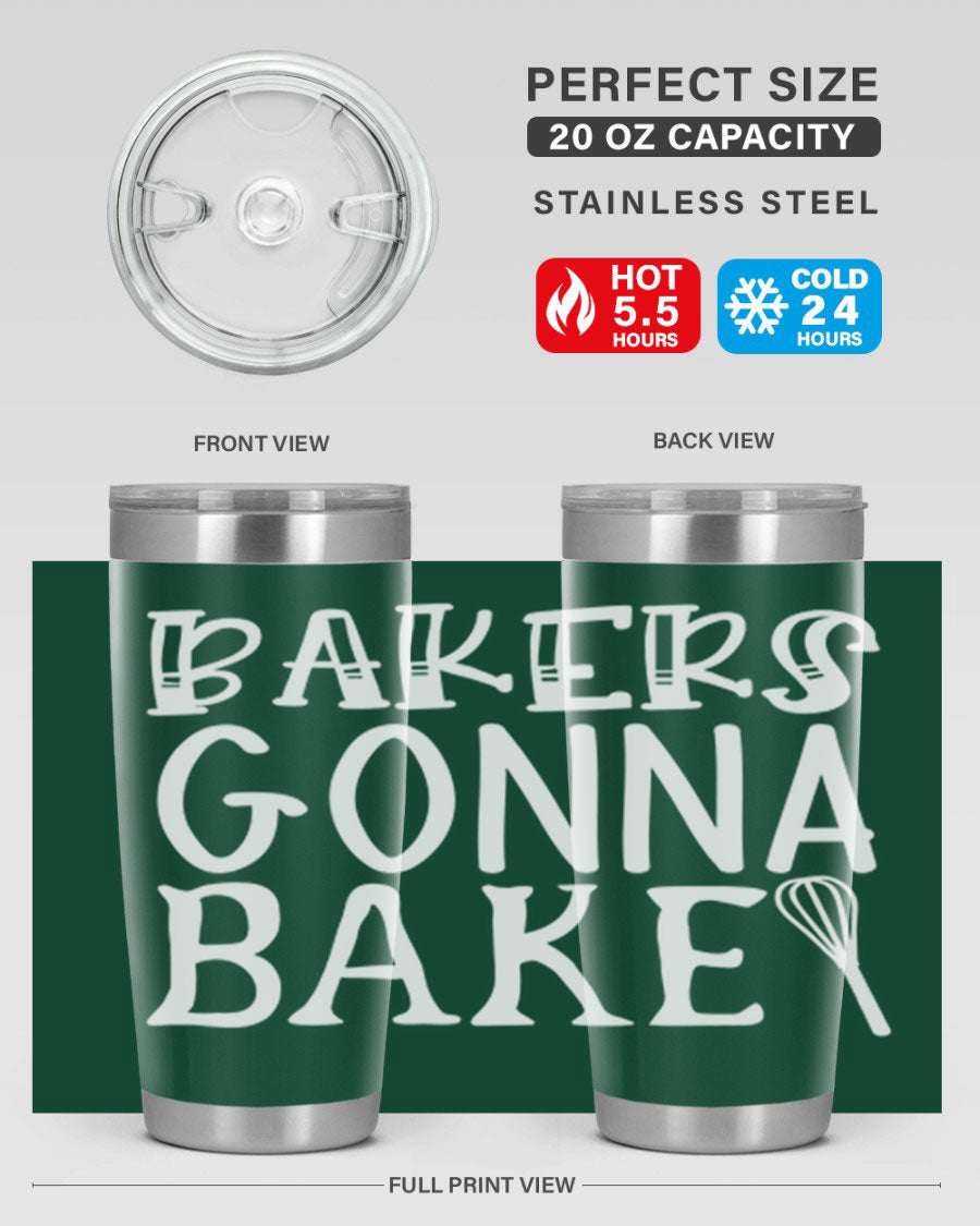 Bakers Gonna Bake 20oz Tumbler featuring double wall vacuum stainless steel with copper lining, perfect for hot and cold beverages.