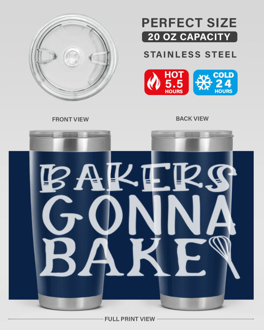 Bakers Gonna Bake 20oz Tumbler featuring double wall vacuum stainless steel with copper lining, perfect for hot and cold beverages.