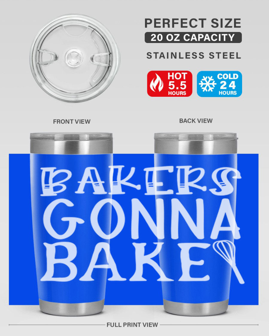 Bakers Gonna Bake 20oz Tumbler featuring double wall vacuum stainless steel with copper lining, perfect for hot and cold beverages.