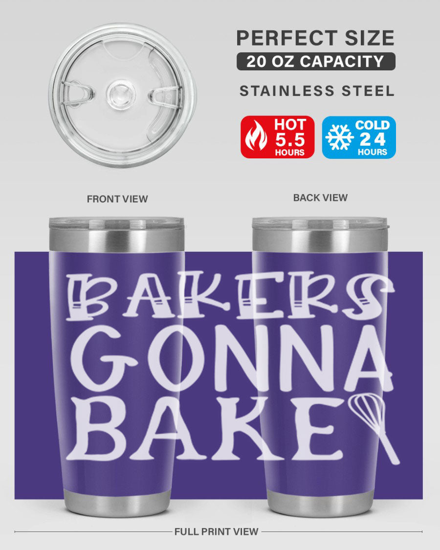 Bakers Gonna Bake 20oz Tumbler featuring double wall vacuum stainless steel with copper lining, perfect for hot and cold beverages.