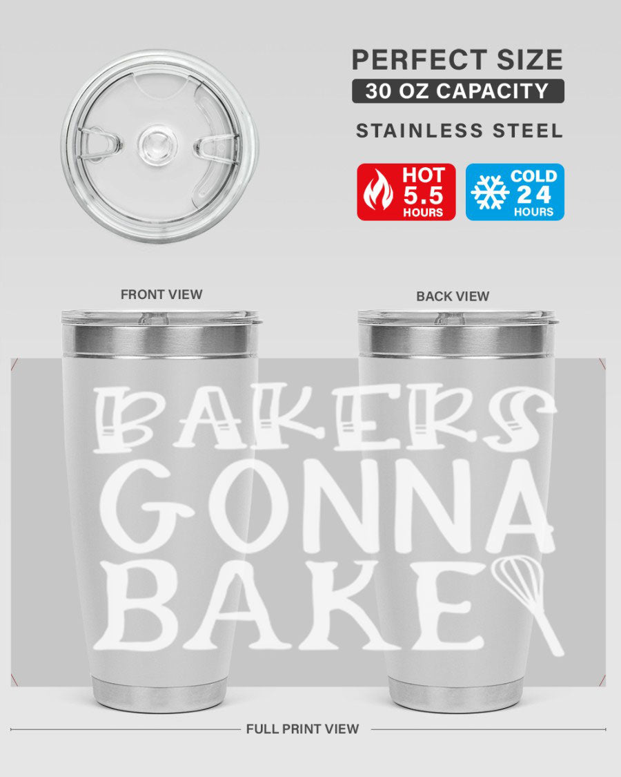 Bakers Gonna Bake 20oz Tumbler featuring double wall vacuum stainless steel with copper lining, perfect for hot and cold beverages.