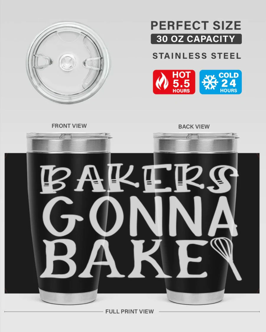 Bakers Gonna Bake 20oz Tumbler featuring double wall vacuum stainless steel with copper lining, perfect for hot and cold beverages.