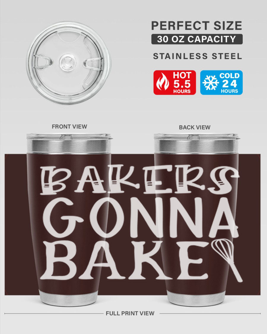 Bakers Gonna Bake 20oz Tumbler featuring double wall vacuum stainless steel with copper lining, perfect for hot and cold beverages.