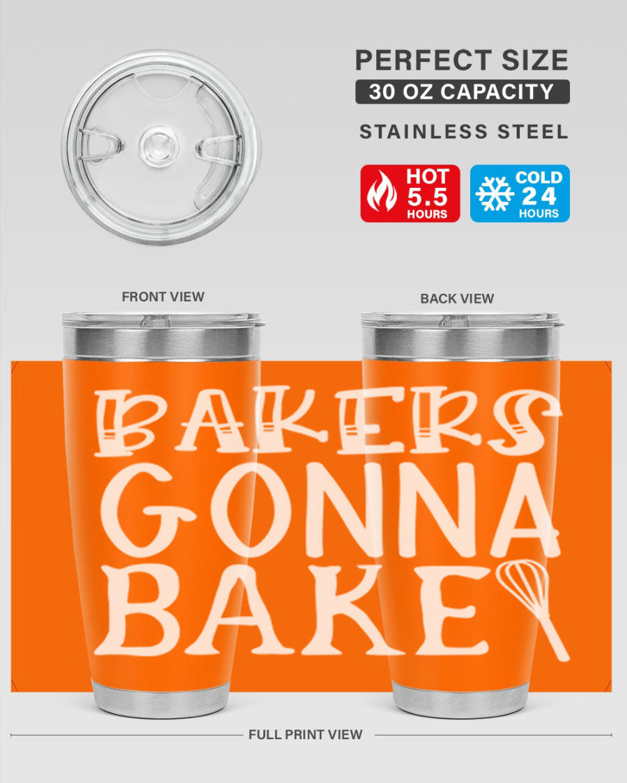 Bakers Gonna Bake 20oz Tumbler featuring double wall vacuum stainless steel with copper lining, perfect for hot and cold beverages.