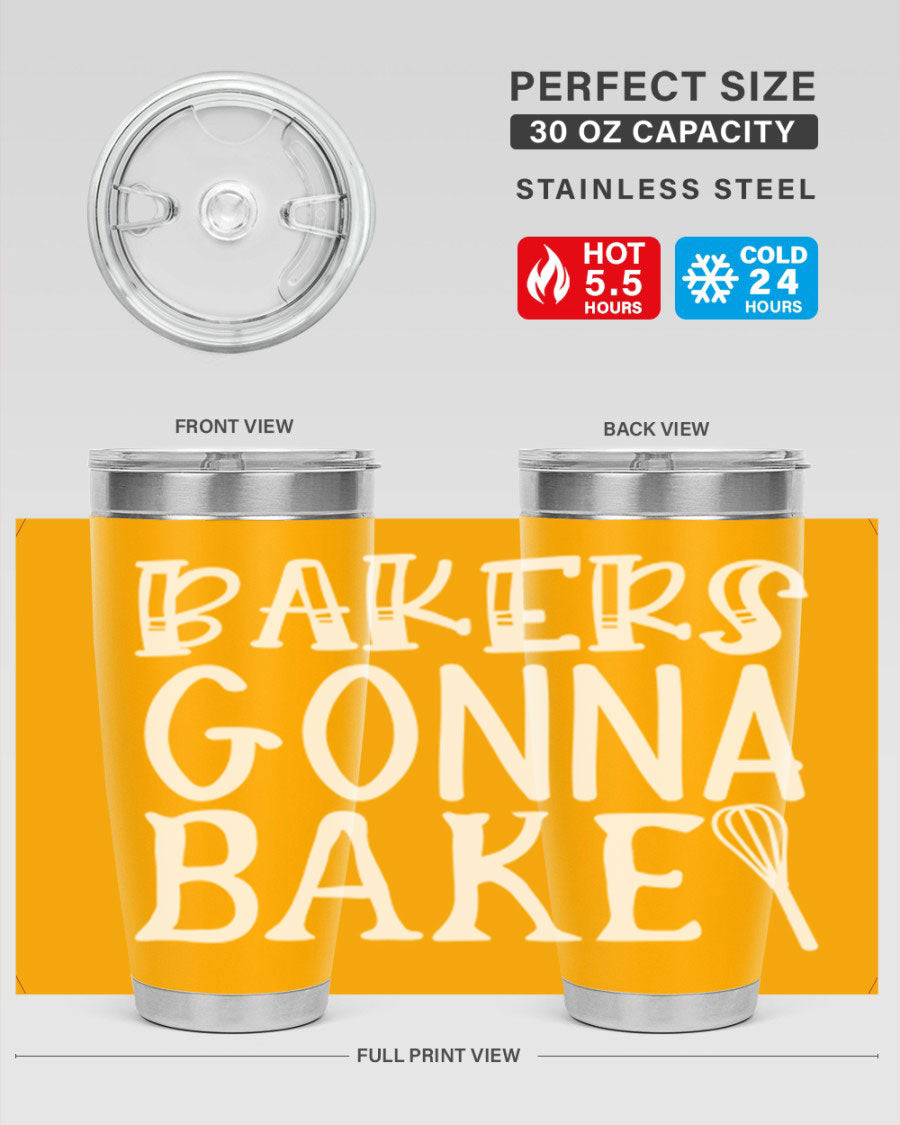 Bakers Gonna Bake 20oz Tumbler featuring double wall vacuum stainless steel with copper lining, perfect for hot and cold beverages.