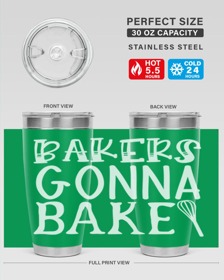 Bakers Gonna Bake 20oz Tumbler featuring double wall vacuum stainless steel with copper lining, perfect for hot and cold beverages.