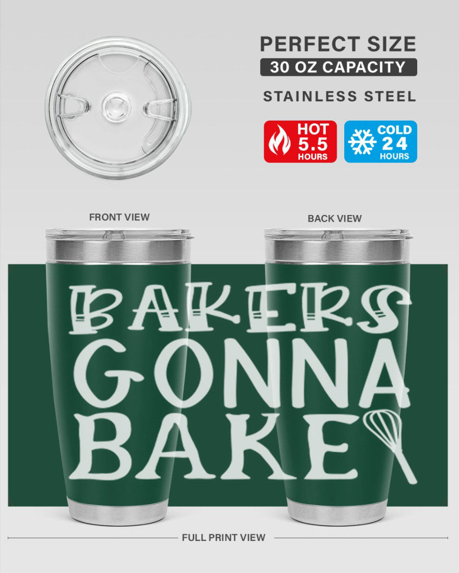 Bakers Gonna Bake 20oz Tumbler featuring double wall vacuum stainless steel with copper lining, perfect for hot and cold beverages.