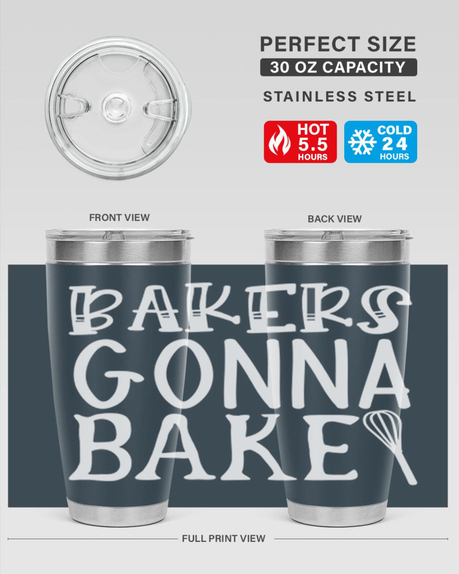Bakers Gonna Bake 20oz Tumbler featuring double wall vacuum stainless steel with copper lining, perfect for hot and cold beverages.
