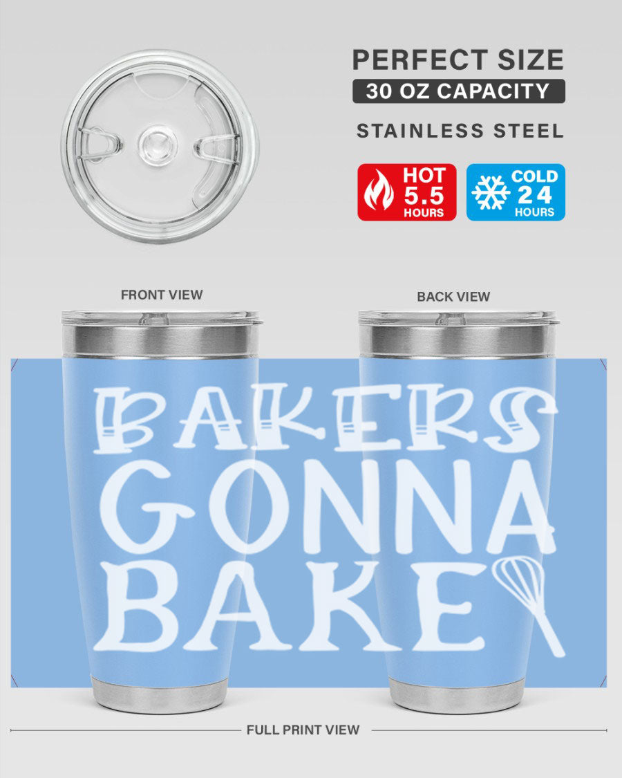 Bakers Gonna Bake 20oz Tumbler featuring double wall vacuum stainless steel with copper lining, perfect for hot and cold beverages.
