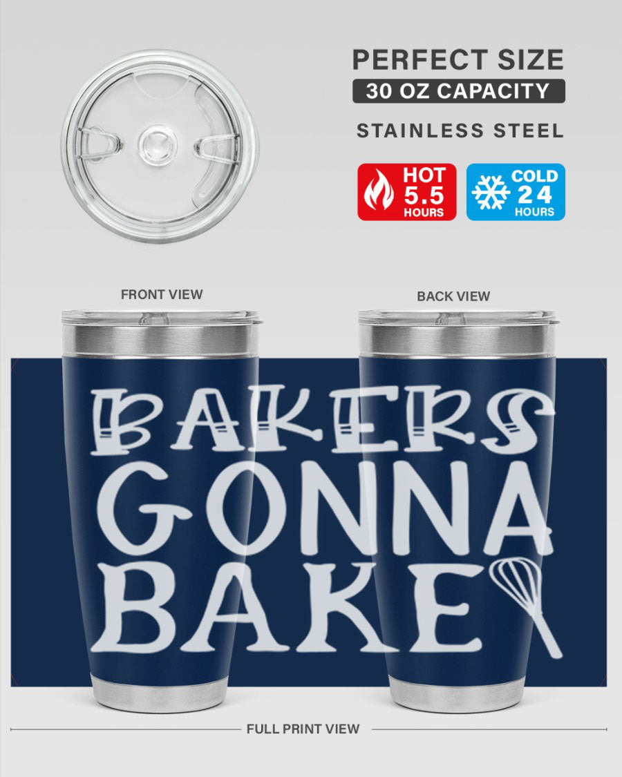 Bakers Gonna Bake 20oz Tumbler featuring double wall vacuum stainless steel with copper lining, perfect for hot and cold beverages.