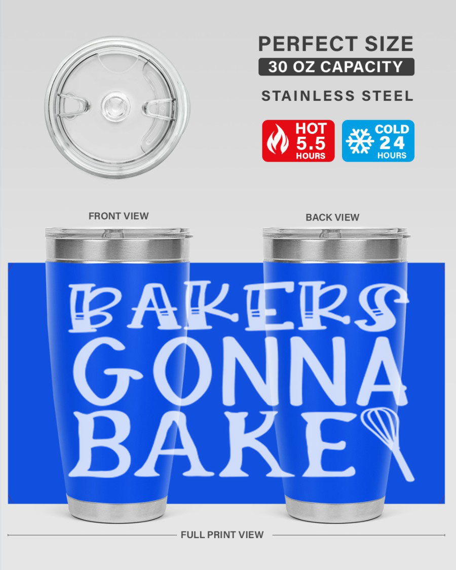 Bakers Gonna Bake 20oz Tumbler featuring double wall vacuum stainless steel with copper lining, perfect for hot and cold beverages.