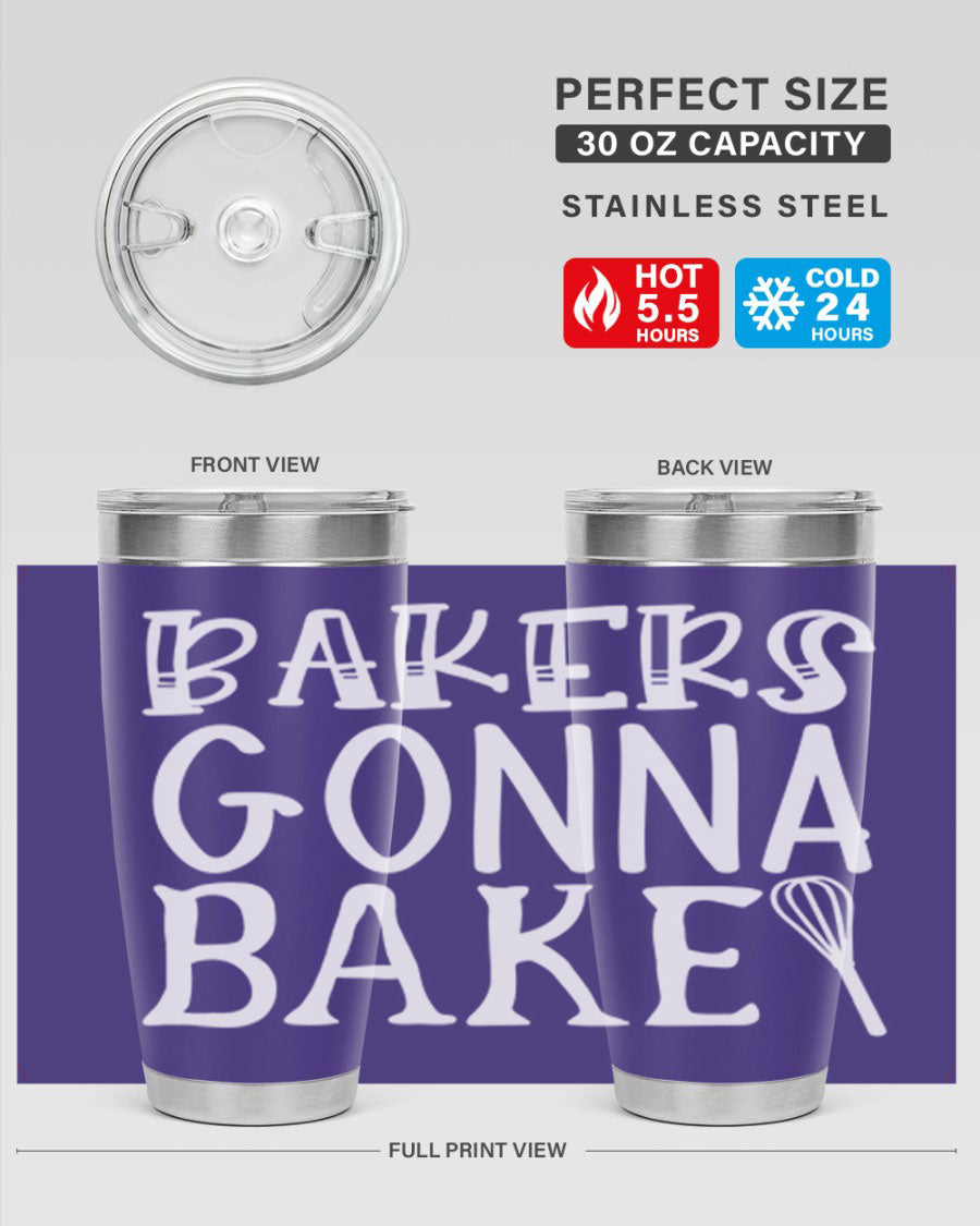 Bakers Gonna Bake 20oz Tumbler featuring double wall vacuum stainless steel with copper lining, perfect for hot and cold beverages.