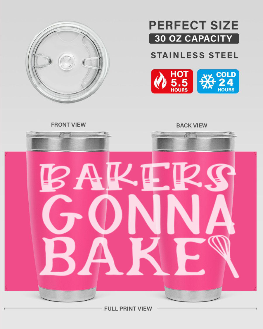 Bakers Gonna Bake 20oz Tumbler featuring double wall vacuum stainless steel with copper lining, perfect for hot and cold beverages.