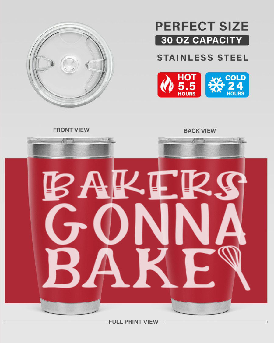 Bakers Gonna Bake 20oz Tumbler featuring double wall vacuum stainless steel with copper lining, perfect for hot and cold beverages.