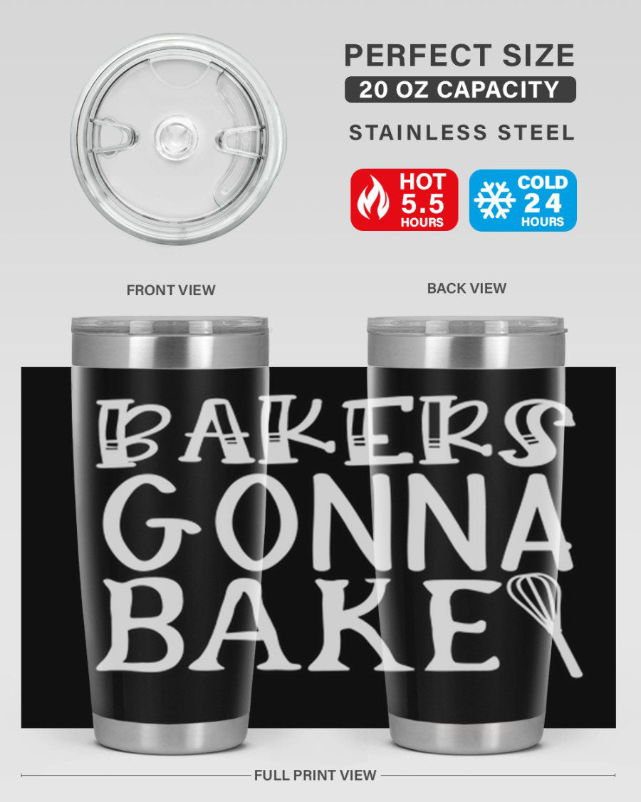 Bakers Gonna Bake 20oz Tumbler featuring double wall vacuum stainless steel with copper lining, perfect for hot and cold beverages.