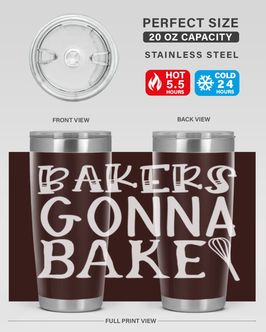 Bakers Gonna Bake 20oz Tumbler featuring double wall vacuum stainless steel with copper lining, perfect for hot and cold beverages.