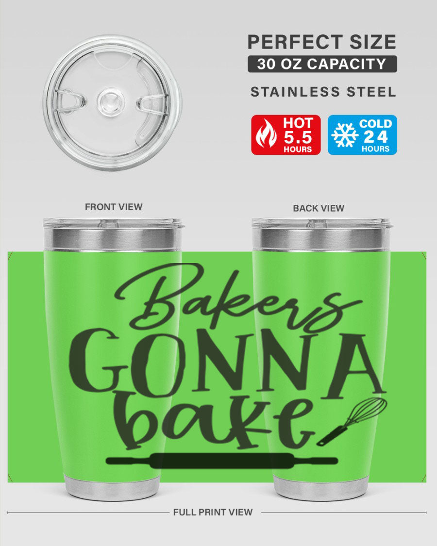 Bakers Gonna Bake 20oz Tumbler made of stainless steel with a vibrant design, showcasing its double wall vacuum insulation and drink-thru lid.