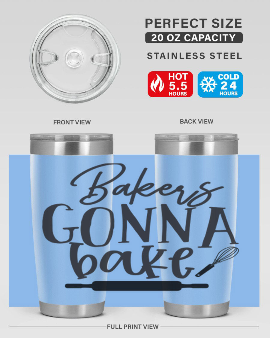 Bakers Gonna Bake 20oz Tumbler made of stainless steel with a vibrant design, showcasing its double wall vacuum insulation and drink-thru lid.