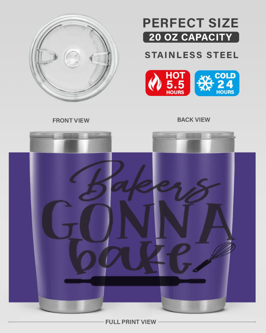 Bakers Gonna Bake 20oz Tumbler made of stainless steel with a vibrant design, showcasing its double wall vacuum insulation and drink-thru lid.