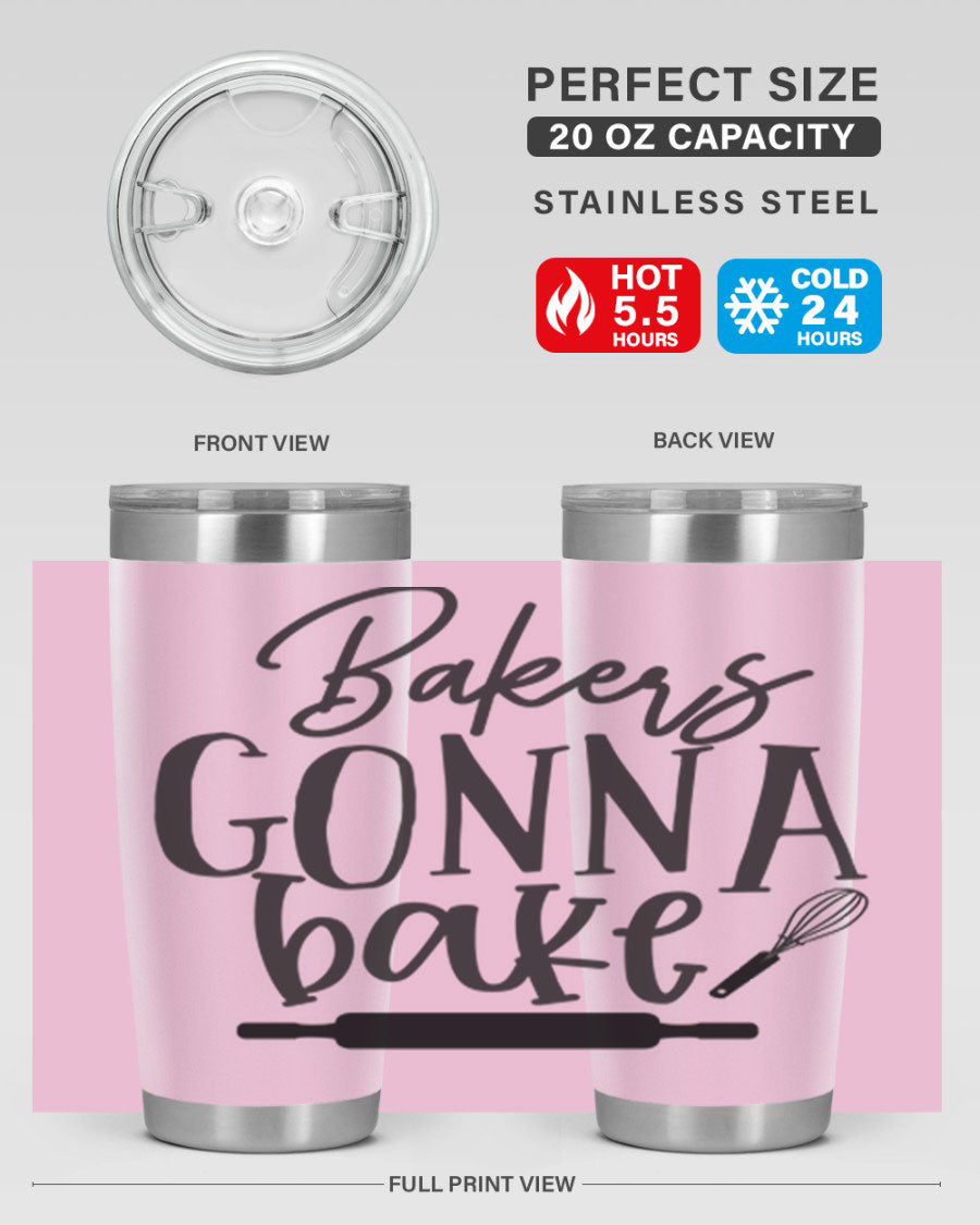 Bakers Gonna Bake 20oz Tumbler made of stainless steel with a vibrant design, showcasing its double wall vacuum insulation and drink-thru lid.