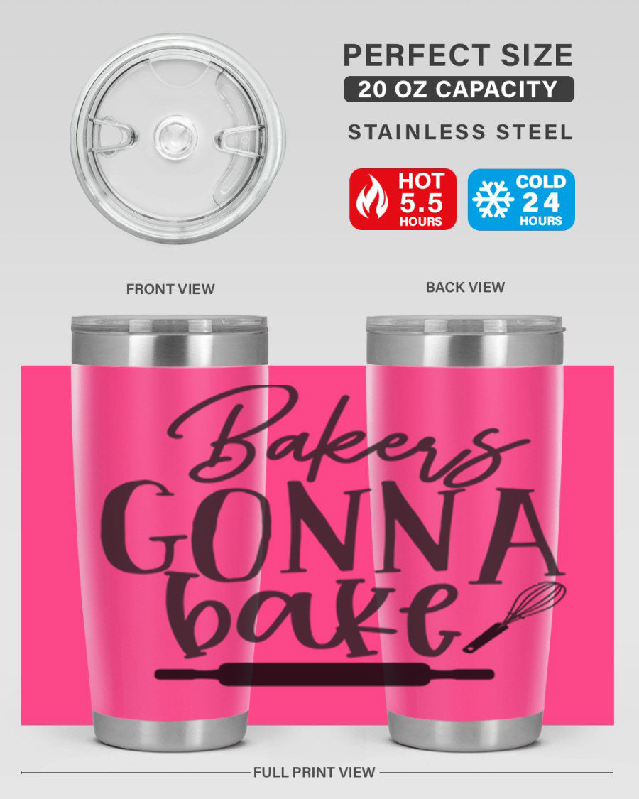 Bakers Gonna Bake 20oz Tumbler made of stainless steel with a vibrant design, showcasing its double wall vacuum insulation and drink-thru lid.