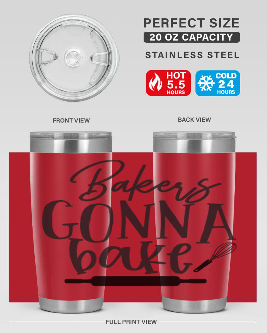 Bakers Gonna Bake 20oz Tumbler made of stainless steel with a vibrant design, showcasing its double wall vacuum insulation and drink-thru lid.