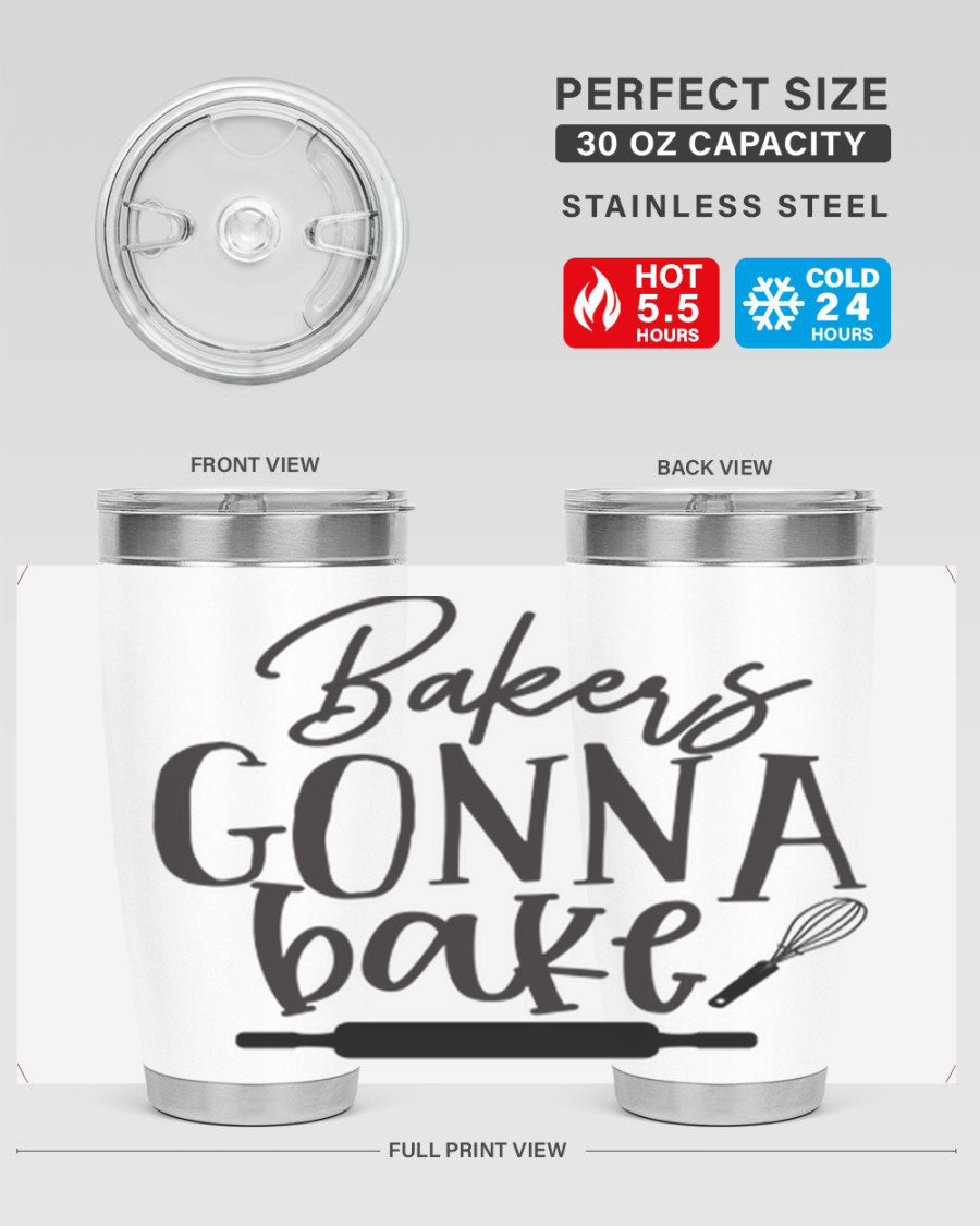 Bakers Gonna Bake 20oz Tumbler made of stainless steel with a vibrant design, showcasing its double wall vacuum insulation and drink-thru lid.