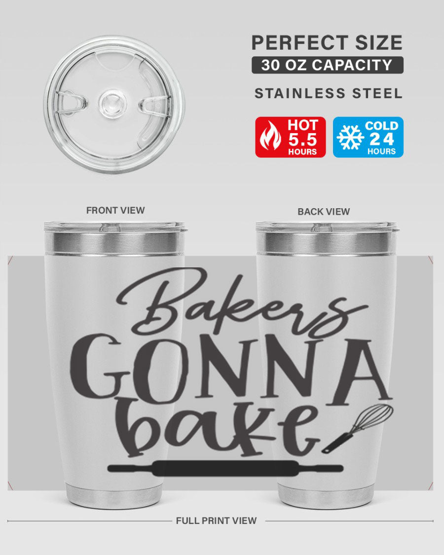 Bakers Gonna Bake 20oz Tumbler made of stainless steel with a vibrant design, showcasing its double wall vacuum insulation and drink-thru lid.