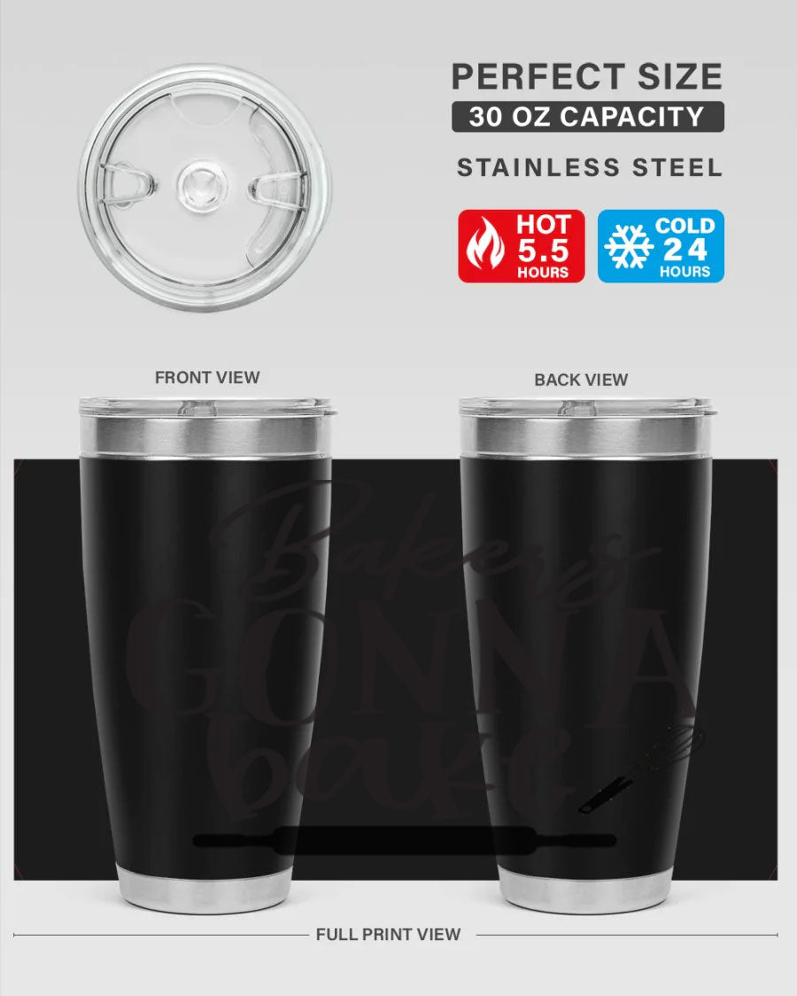 Bakers Gonna Bake 20oz Tumbler made of stainless steel with a vibrant design, showcasing its double wall vacuum insulation and drink-thru lid.