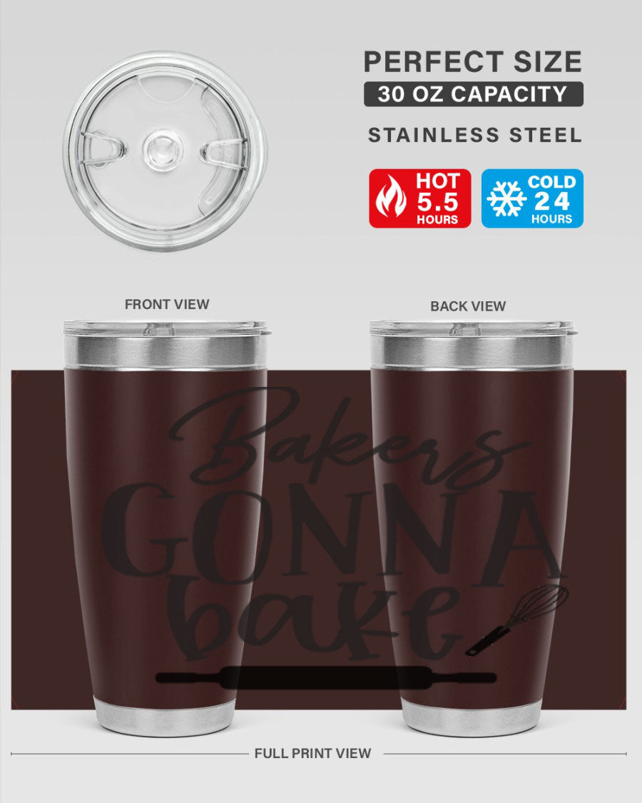 Bakers Gonna Bake 20oz Tumbler made of stainless steel with a vibrant design, showcasing its double wall vacuum insulation and drink-thru lid.