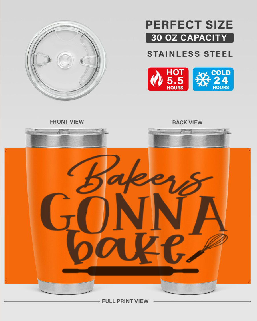 Bakers Gonna Bake 20oz Tumbler made of stainless steel with a vibrant design, showcasing its double wall vacuum insulation and drink-thru lid.