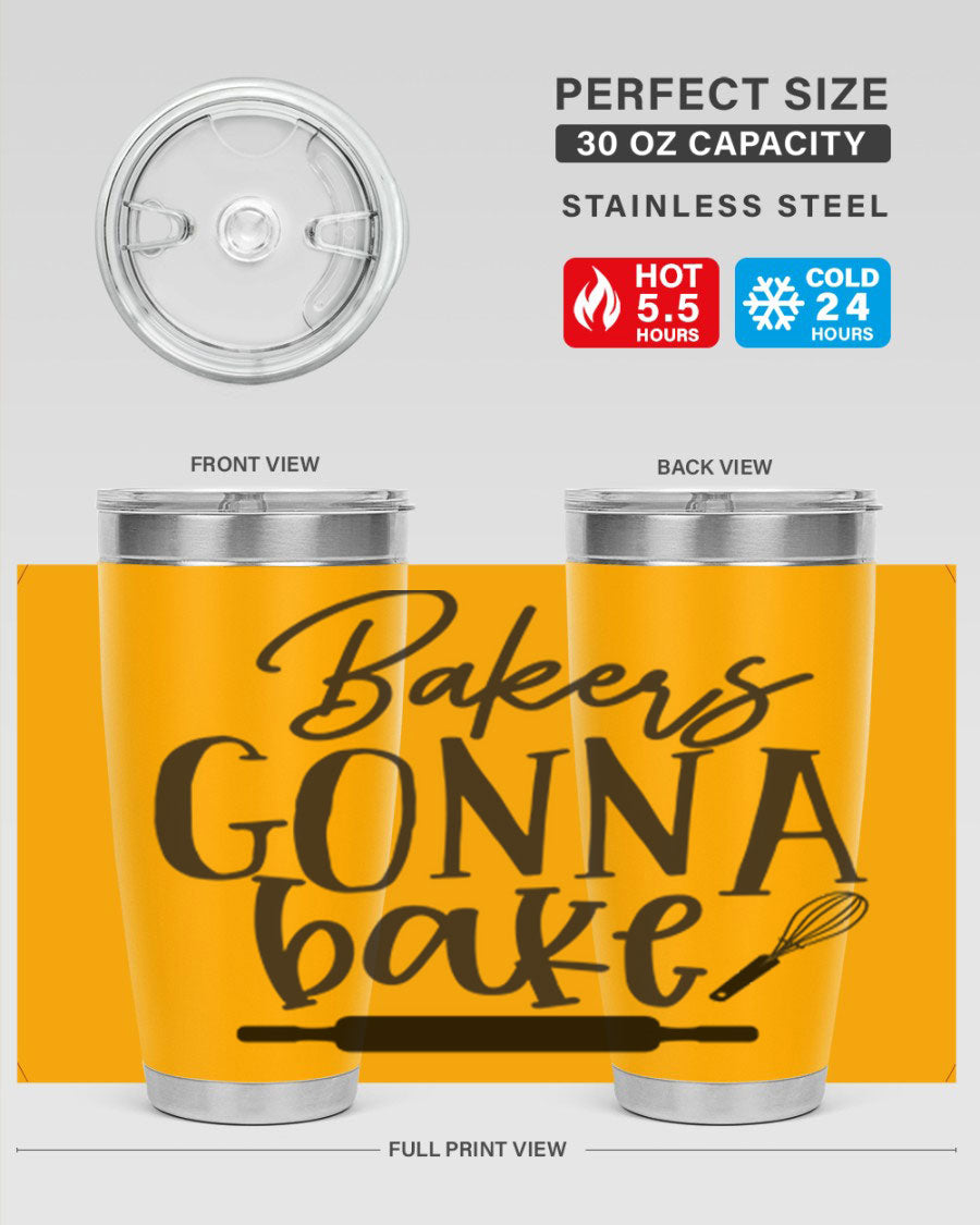 Bakers Gonna Bake 20oz Tumbler made of stainless steel with a vibrant design, showcasing its double wall vacuum insulation and drink-thru lid.