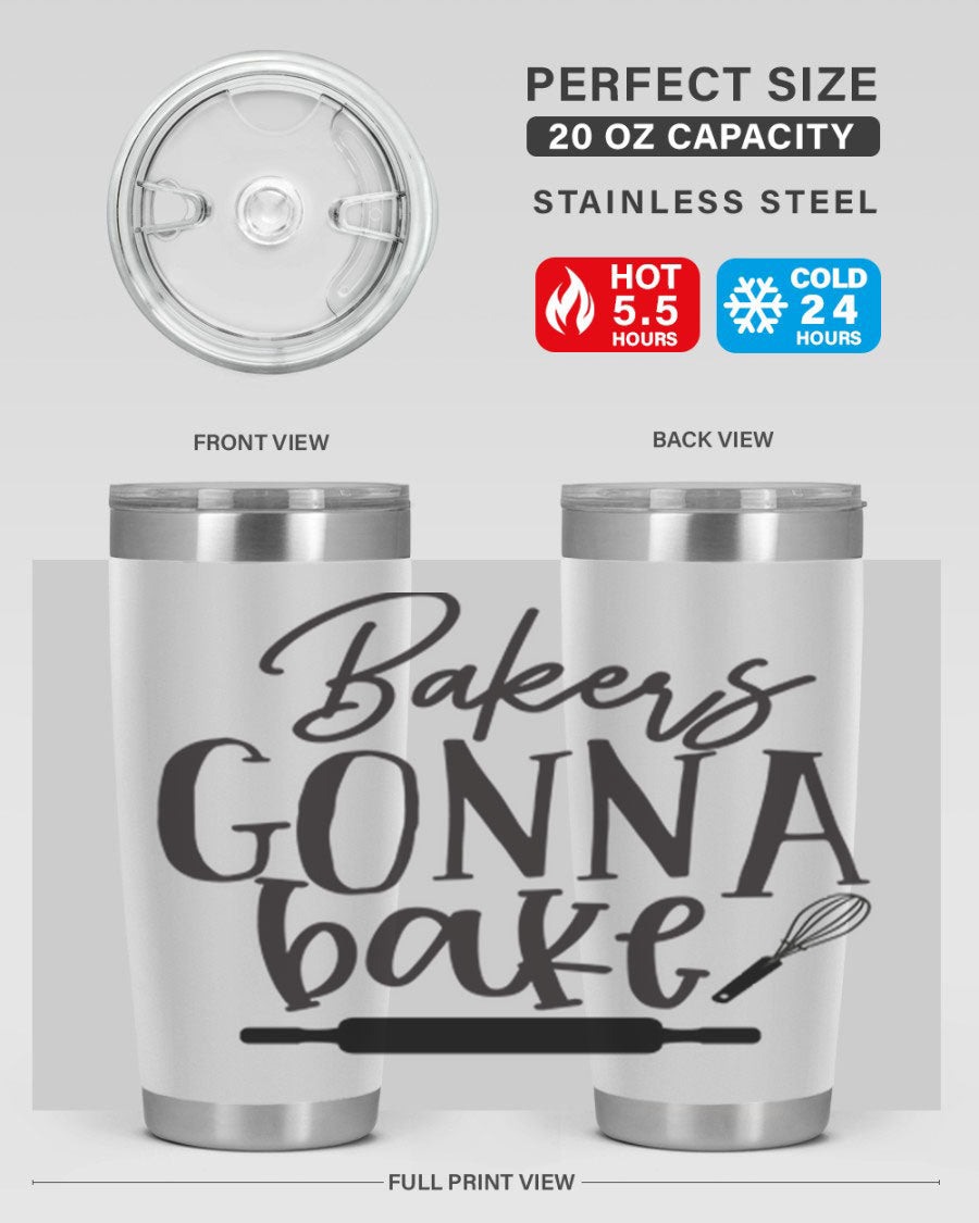 Bakers Gonna Bake 20oz Tumbler made of stainless steel with a vibrant design, showcasing its double wall vacuum insulation and drink-thru lid.