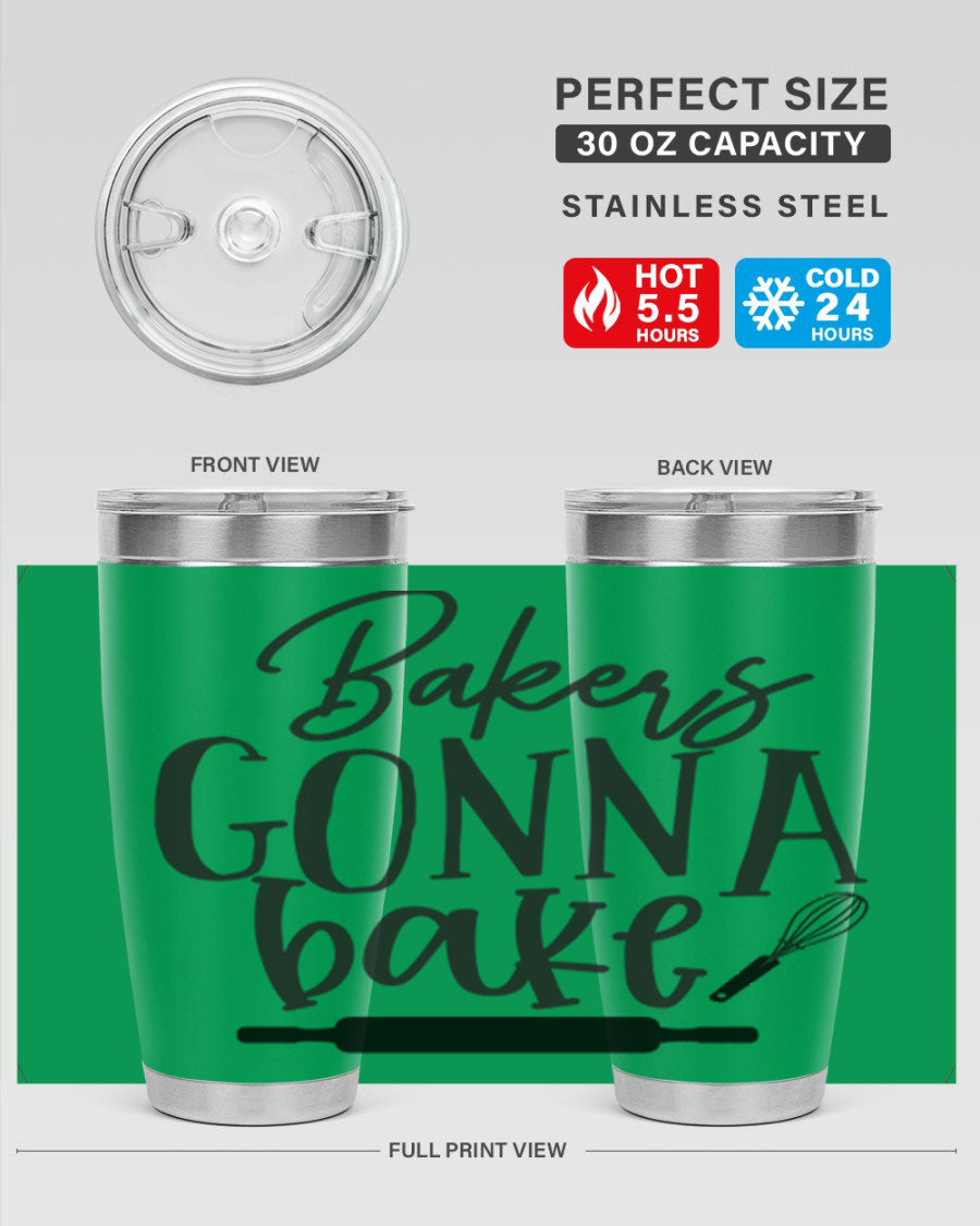 Bakers Gonna Bake 20oz Tumbler made of stainless steel with a vibrant design, showcasing its double wall vacuum insulation and drink-thru lid.
