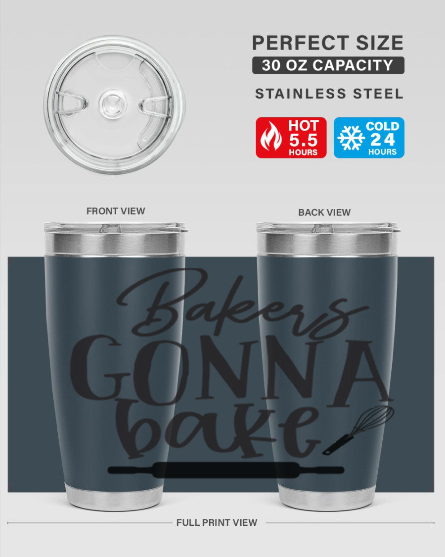 Bakers Gonna Bake 20oz Tumbler made of stainless steel with a vibrant design, showcasing its double wall vacuum insulation and drink-thru lid.