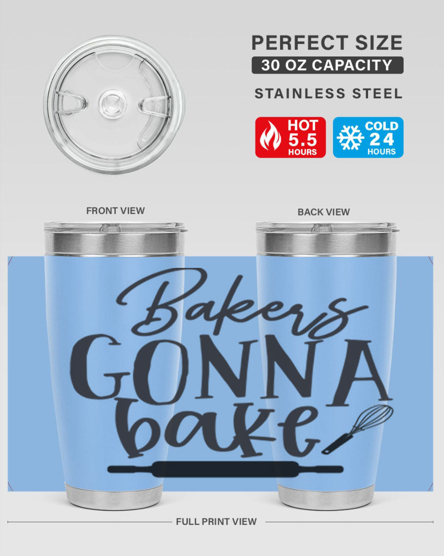 Bakers Gonna Bake 20oz Tumbler made of stainless steel with a vibrant design, showcasing its double wall vacuum insulation and drink-thru lid.
