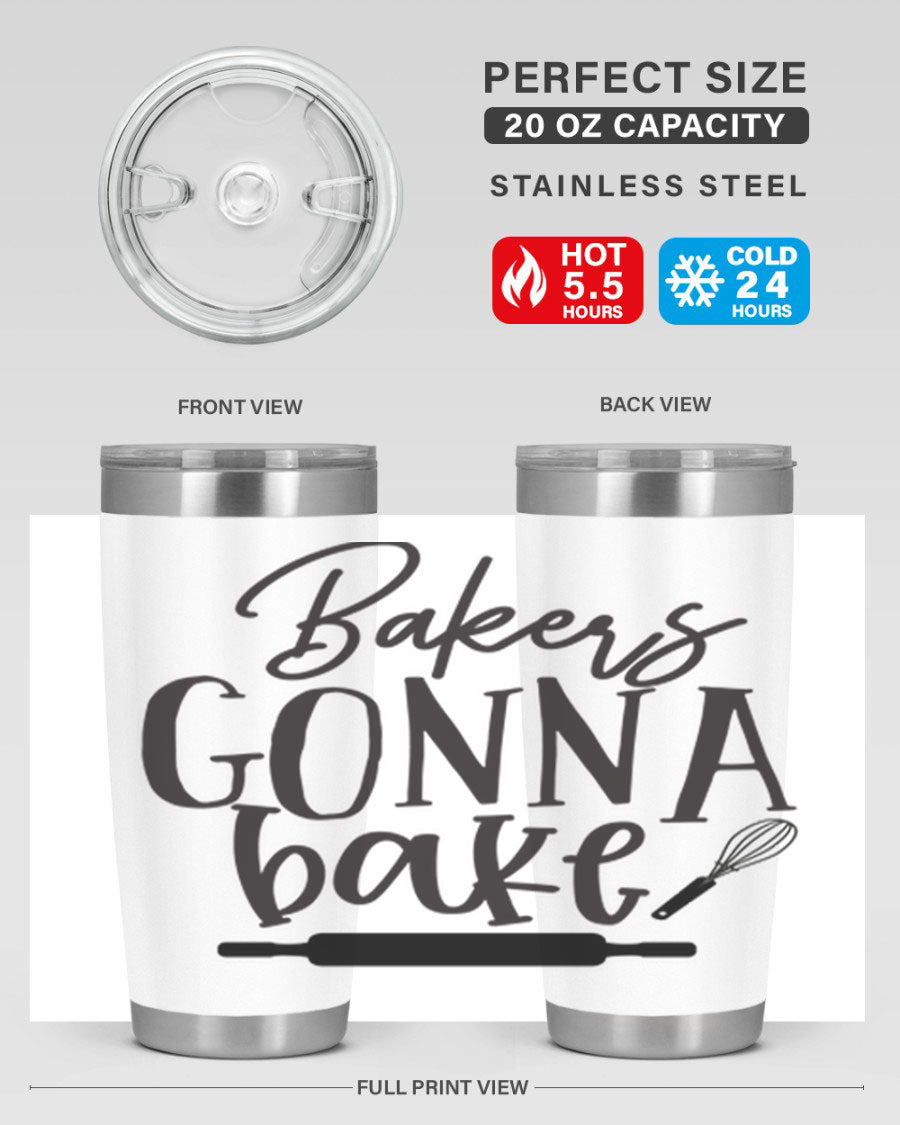 Bakers Gonna Bake 20oz Tumbler made of stainless steel with a vibrant design, showcasing its double wall vacuum insulation and drink-thru lid.