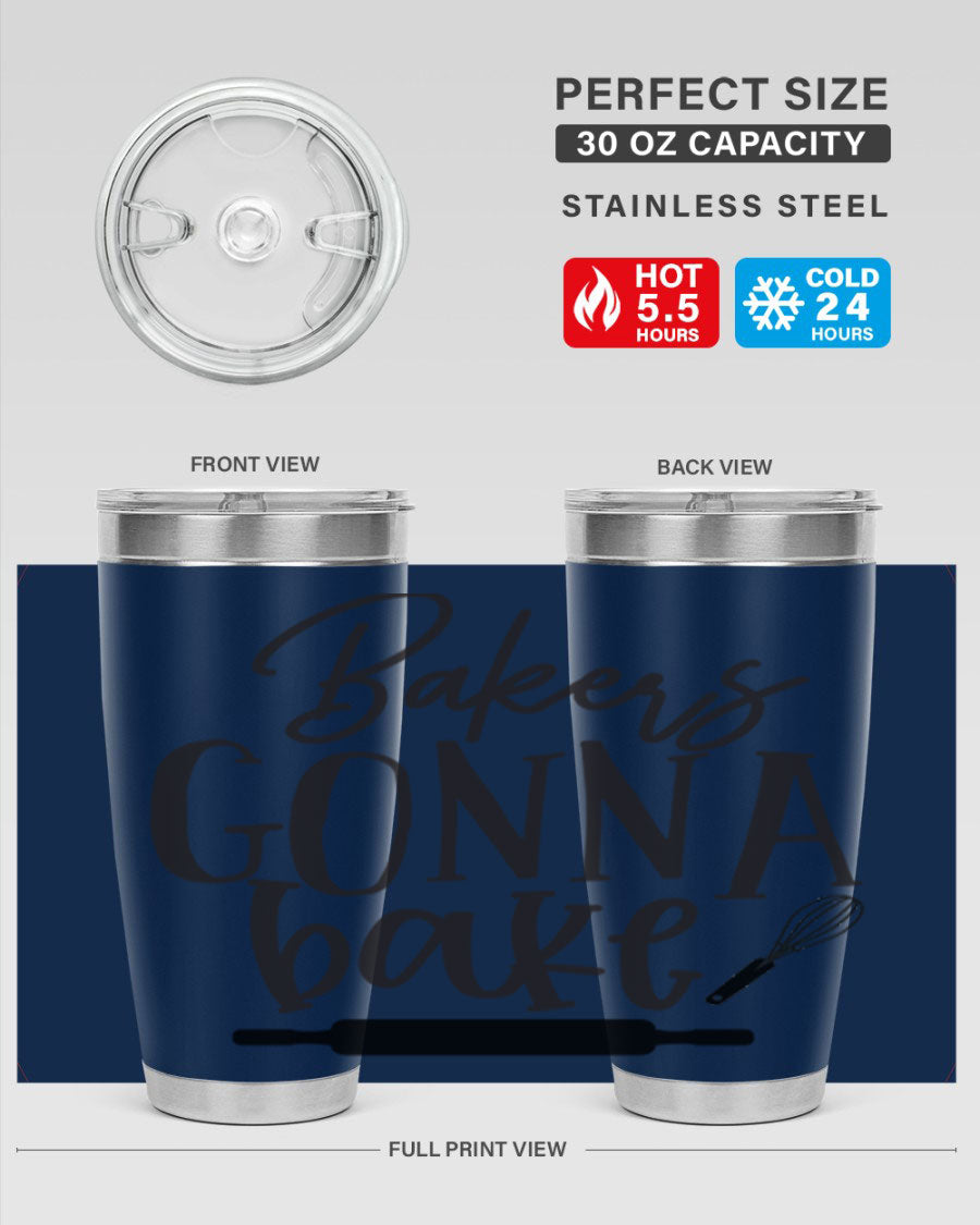 Bakers Gonna Bake 20oz Tumbler made of stainless steel with a vibrant design, showcasing its double wall vacuum insulation and drink-thru lid.