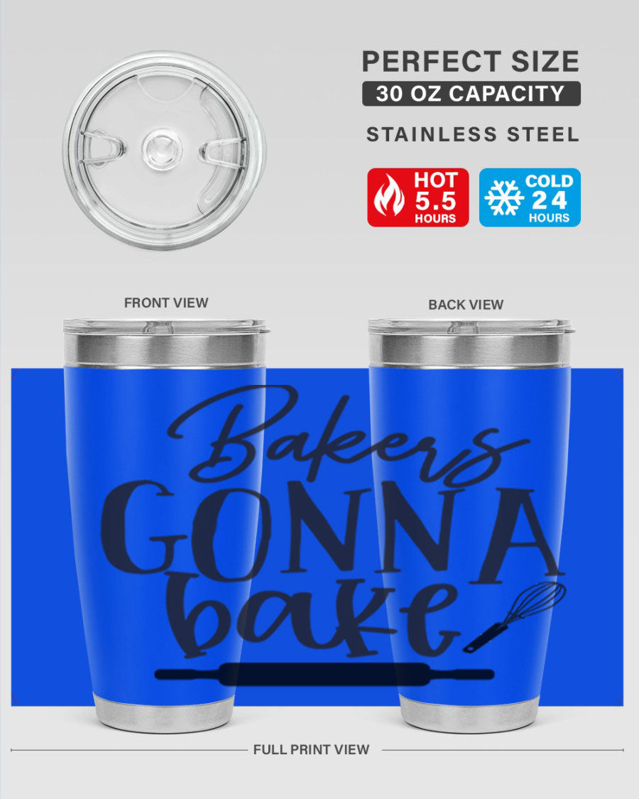 Bakers Gonna Bake 20oz Tumbler made of stainless steel with a vibrant design, showcasing its double wall vacuum insulation and drink-thru lid.