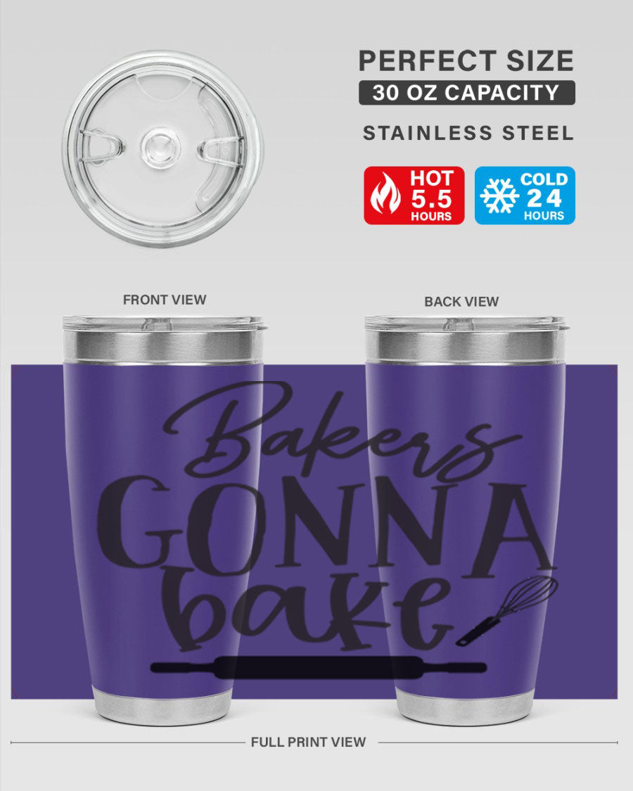 Bakers Gonna Bake 20oz Tumbler made of stainless steel with a vibrant design, showcasing its double wall vacuum insulation and drink-thru lid.