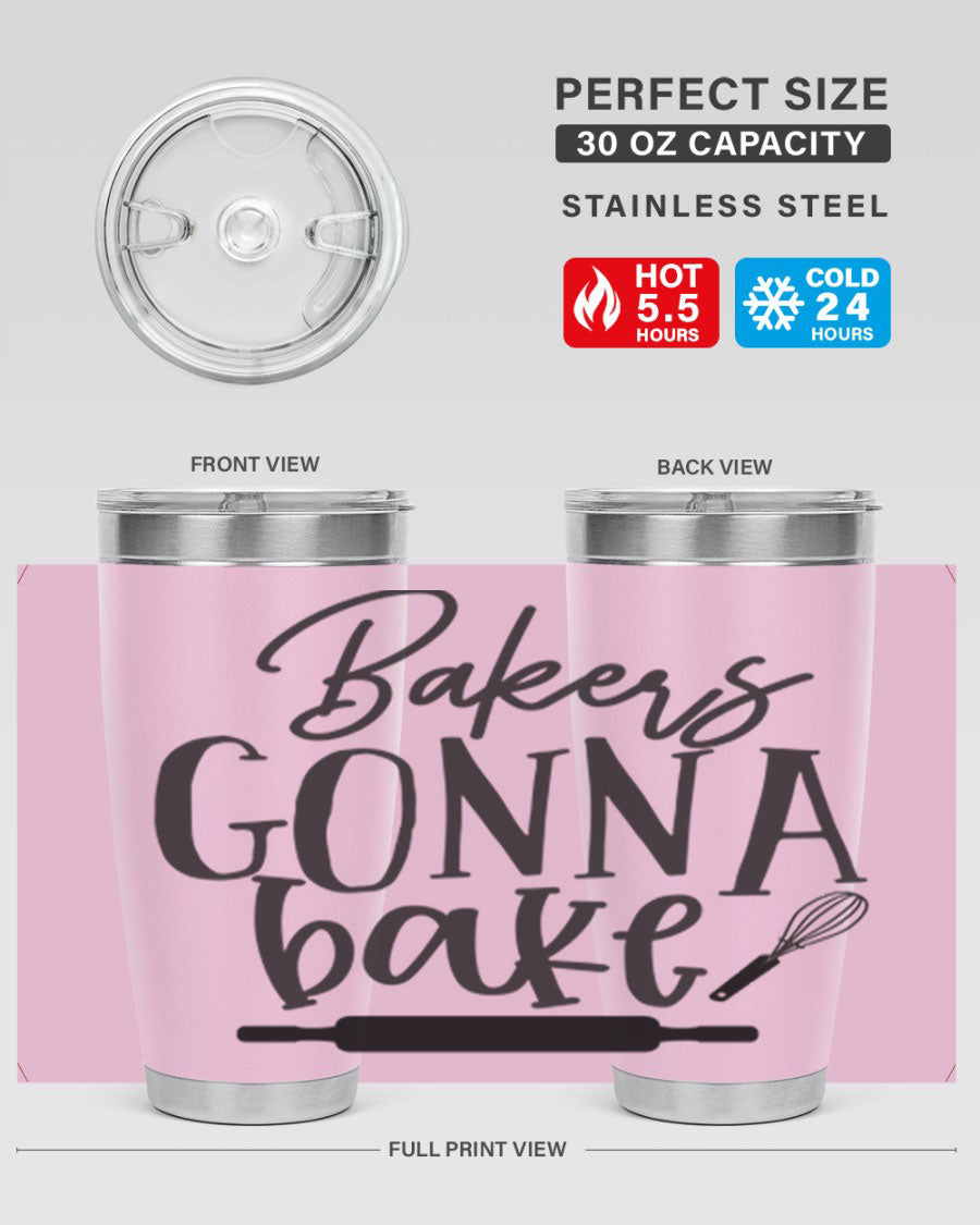 Bakers Gonna Bake 20oz Tumbler made of stainless steel with a vibrant design, showcasing its double wall vacuum insulation and drink-thru lid.