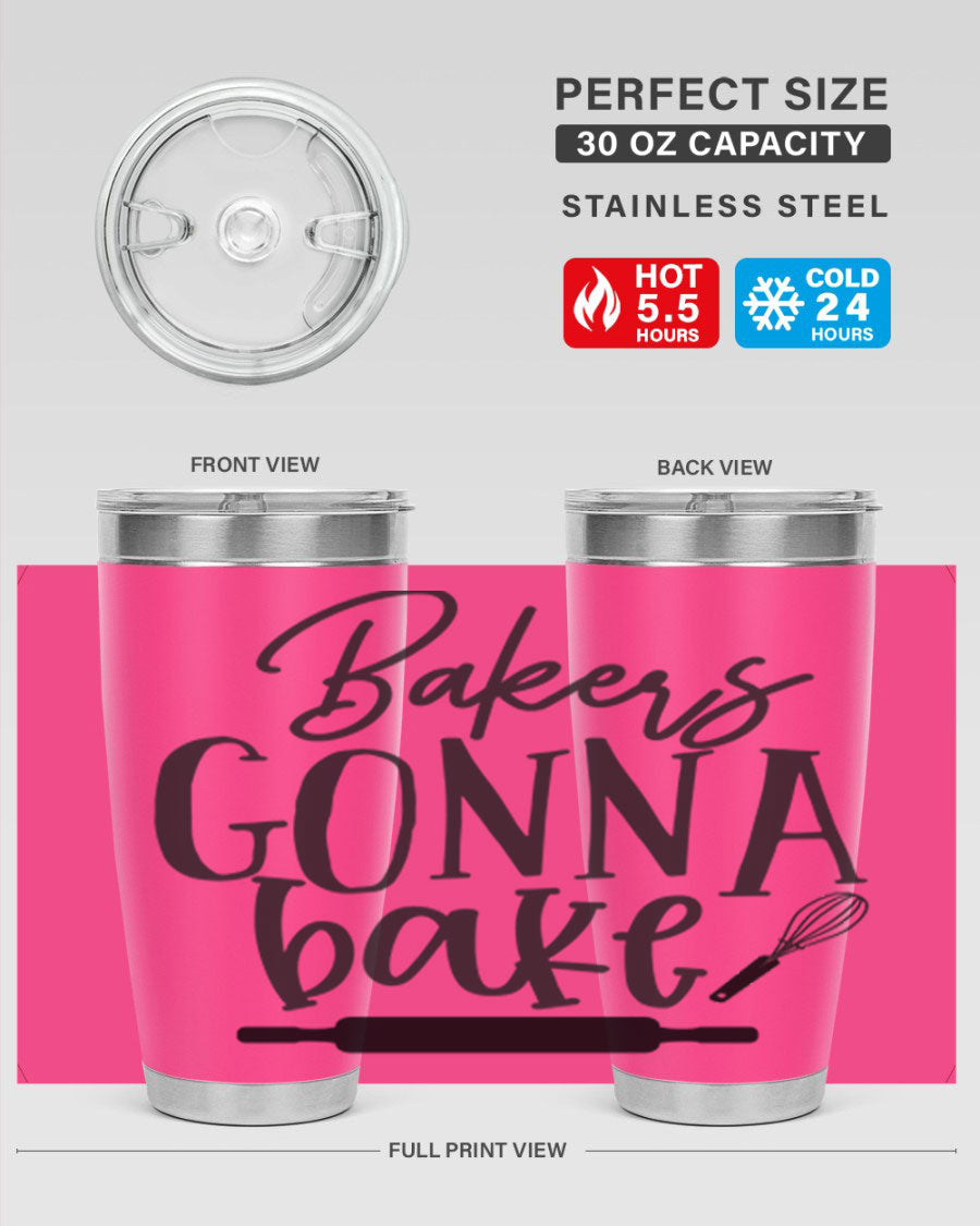 Bakers Gonna Bake 20oz Tumbler made of stainless steel with a vibrant design, showcasing its double wall vacuum insulation and drink-thru lid.