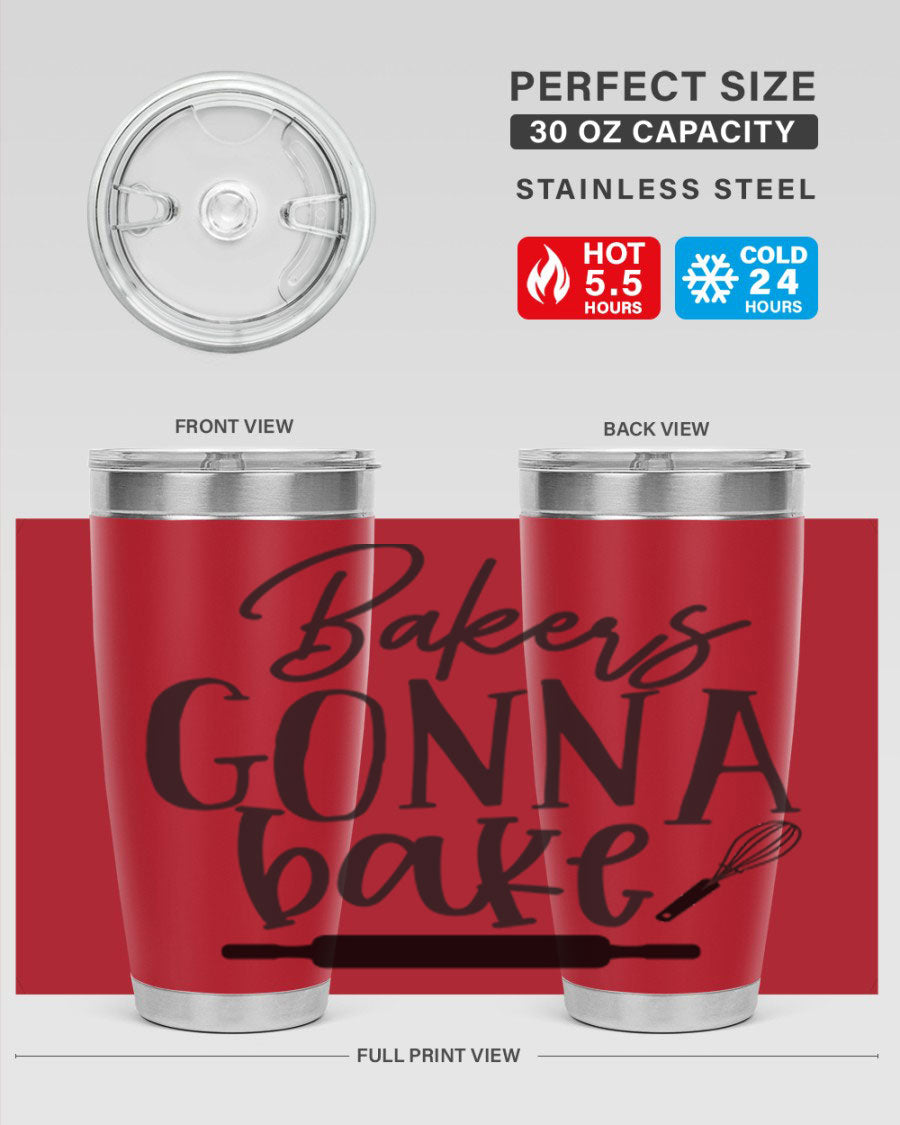 Bakers Gonna Bake 20oz Tumbler made of stainless steel with a vibrant design, showcasing its double wall vacuum insulation and drink-thru lid.
