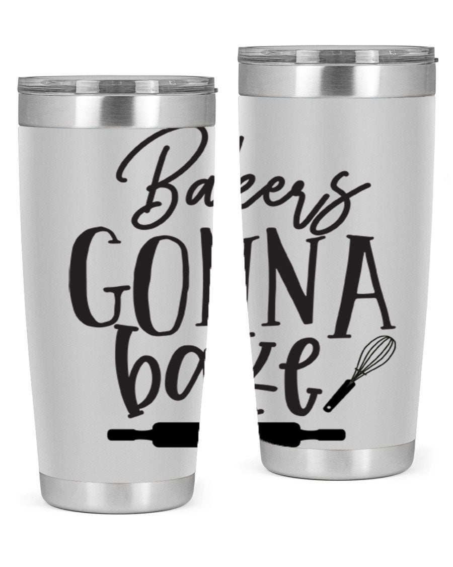 Bakers Gonna Bake 20oz Tumbler made of stainless steel with a vibrant design, showcasing its double wall vacuum insulation and drink-thru lid.
