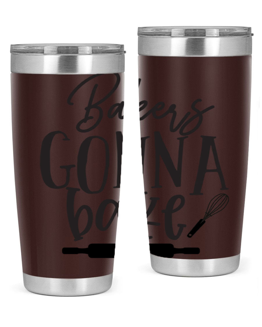 Bakers Gonna Bake 20oz Tumbler made of stainless steel with a vibrant design, showcasing its double wall vacuum insulation and drink-thru lid.