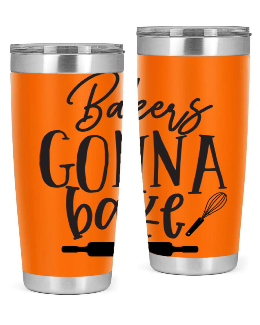 Bakers Gonna Bake 20oz Tumbler made of stainless steel with a vibrant design, showcasing its double wall vacuum insulation and drink-thru lid.