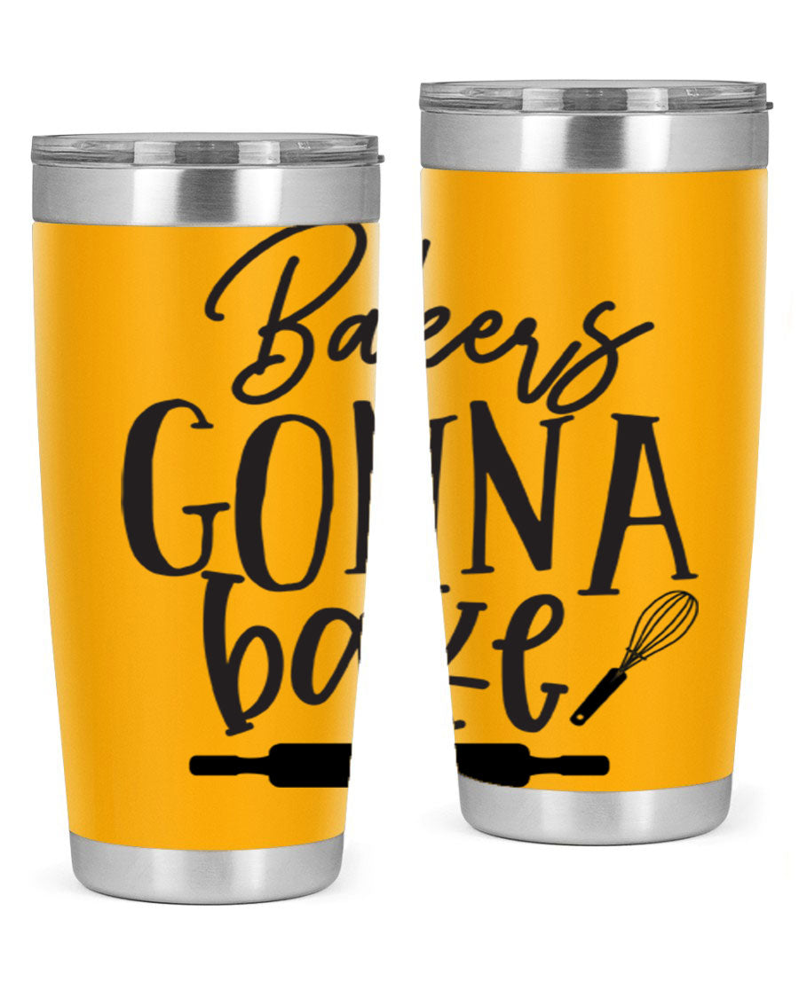 Bakers Gonna Bake 20oz Tumbler made of stainless steel with a vibrant design, showcasing its double wall vacuum insulation and drink-thru lid.