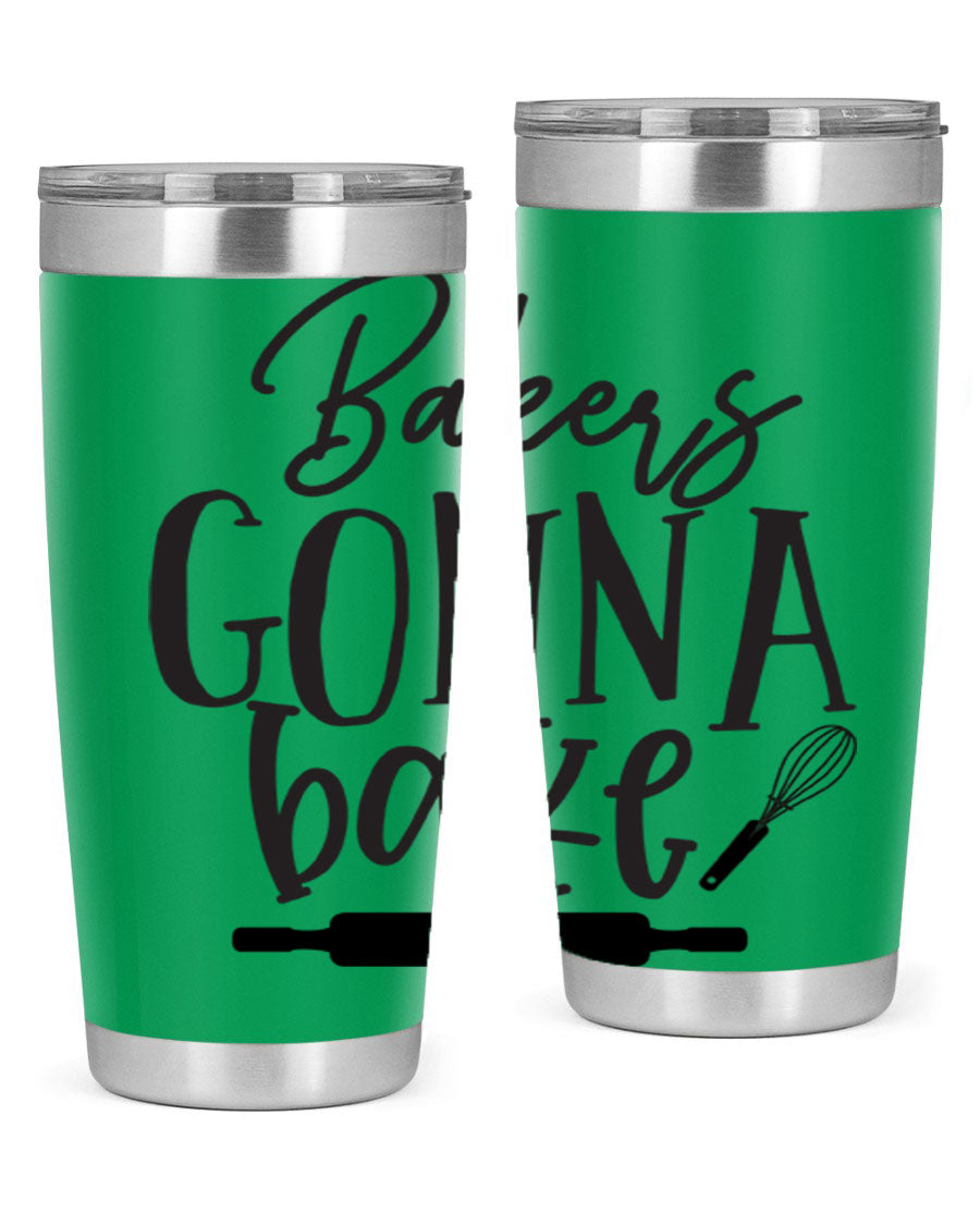 Bakers Gonna Bake 20oz Tumbler made of stainless steel with a vibrant design, showcasing its double wall vacuum insulation and drink-thru lid.